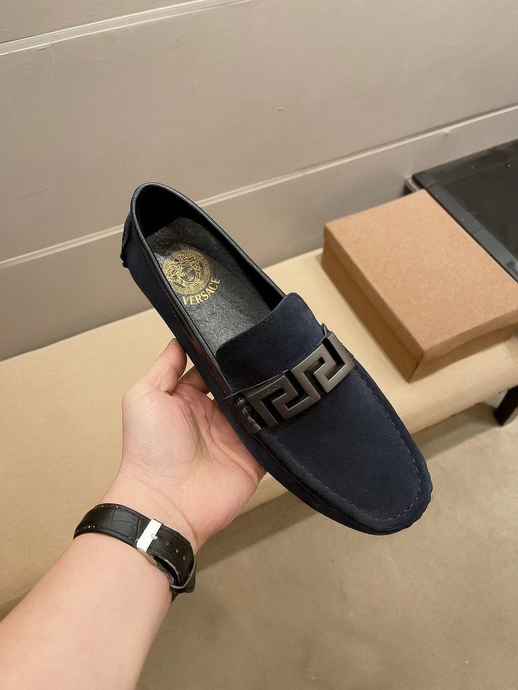 Versace Geometric Buckle Loafers — front