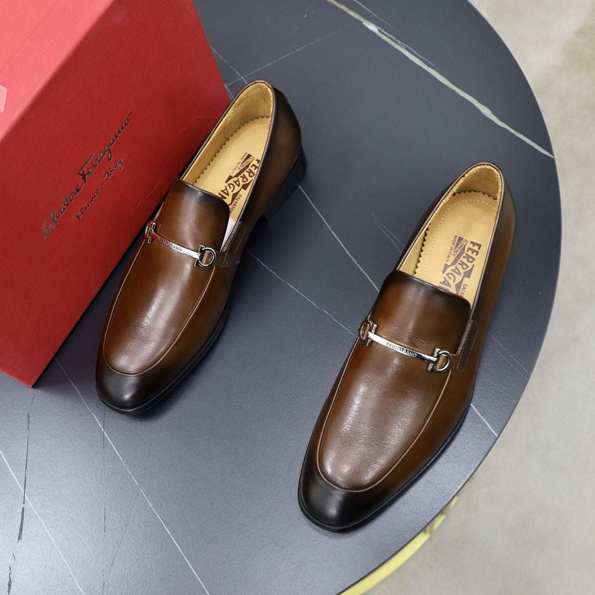 Salvatore Ferragamo Leather Hardware Loafers — front