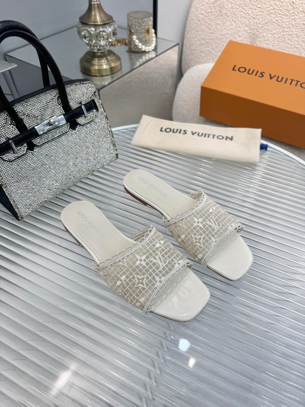 Louis Vuitton Woven Open-Toe Slide Sandals — front