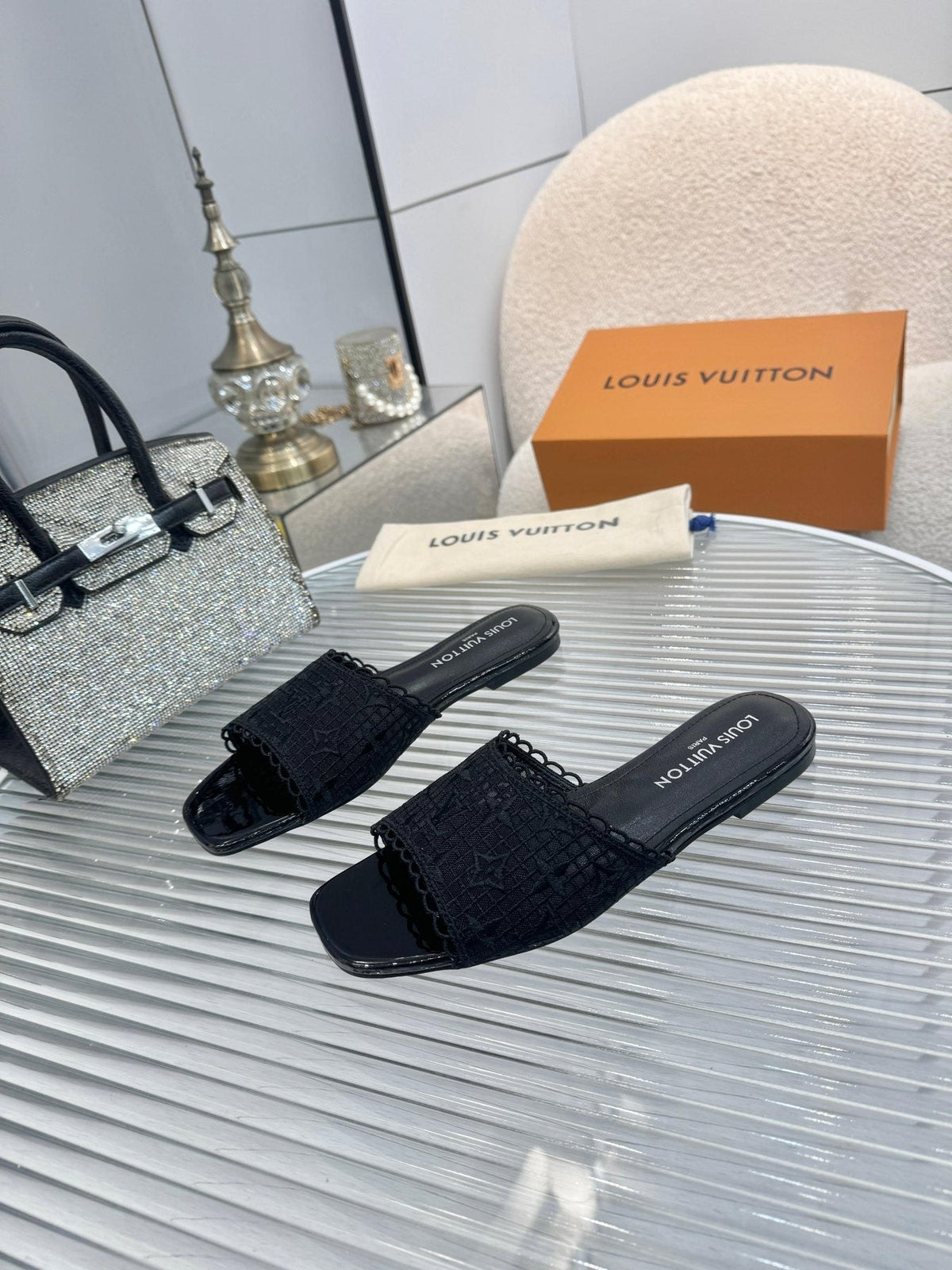 Louis Vuitton Woven Open-Toe Slide Sandals — front