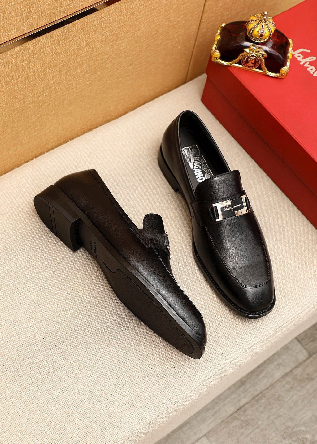 Ferragamo Black Buckle Loafers — side