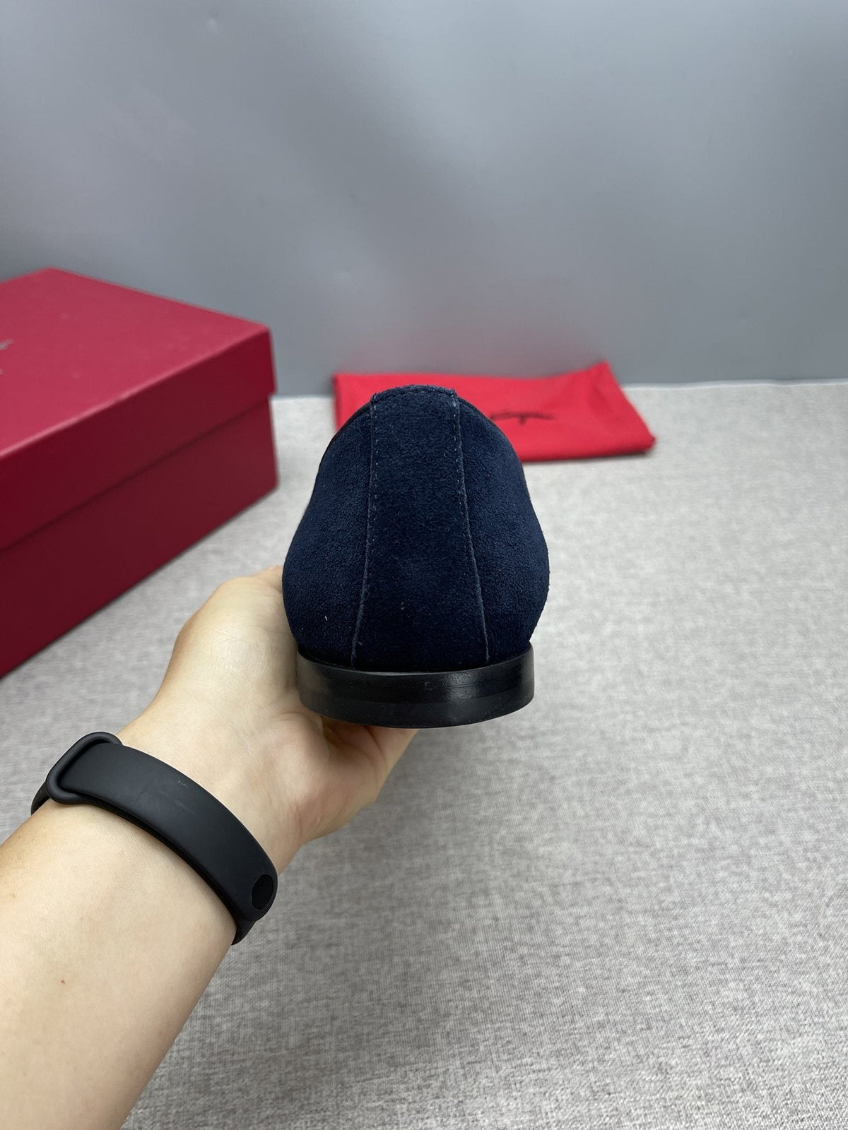 Ferragamo Navy Buckle Loafers — side