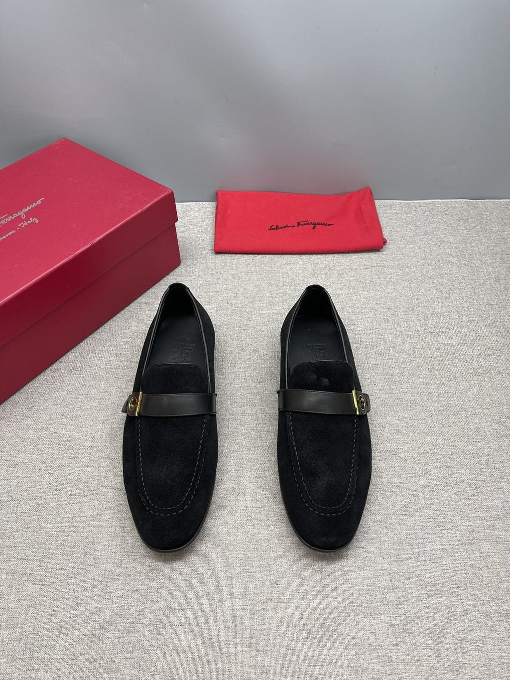 Ferragamo Navy Buckle Loafers — front