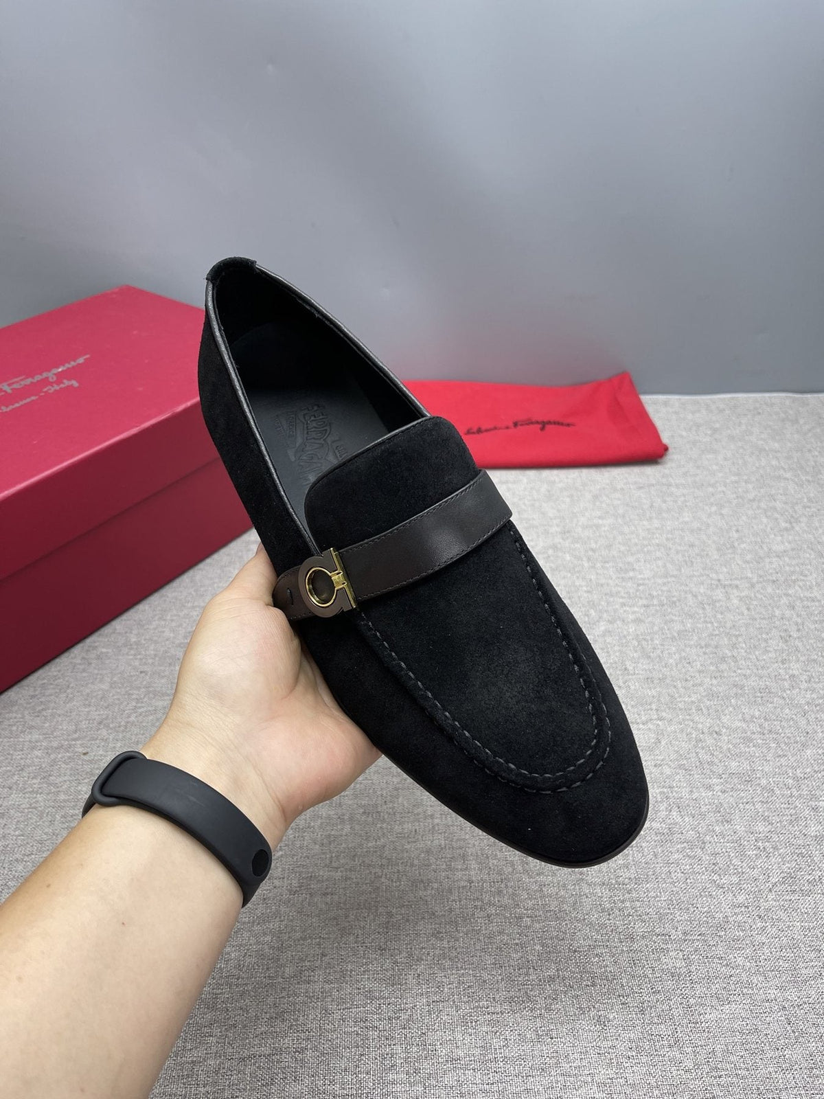 Ferragamo Navy Buckle Loafers — model