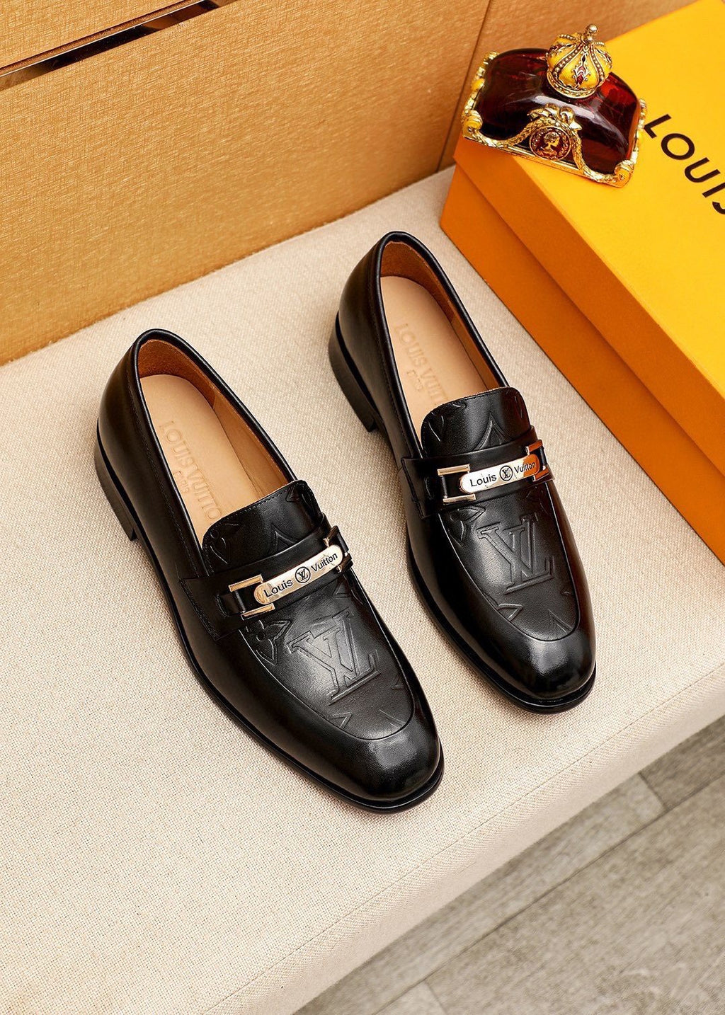 Louis Vuitton Embossed Metal-Bar Loafers — front