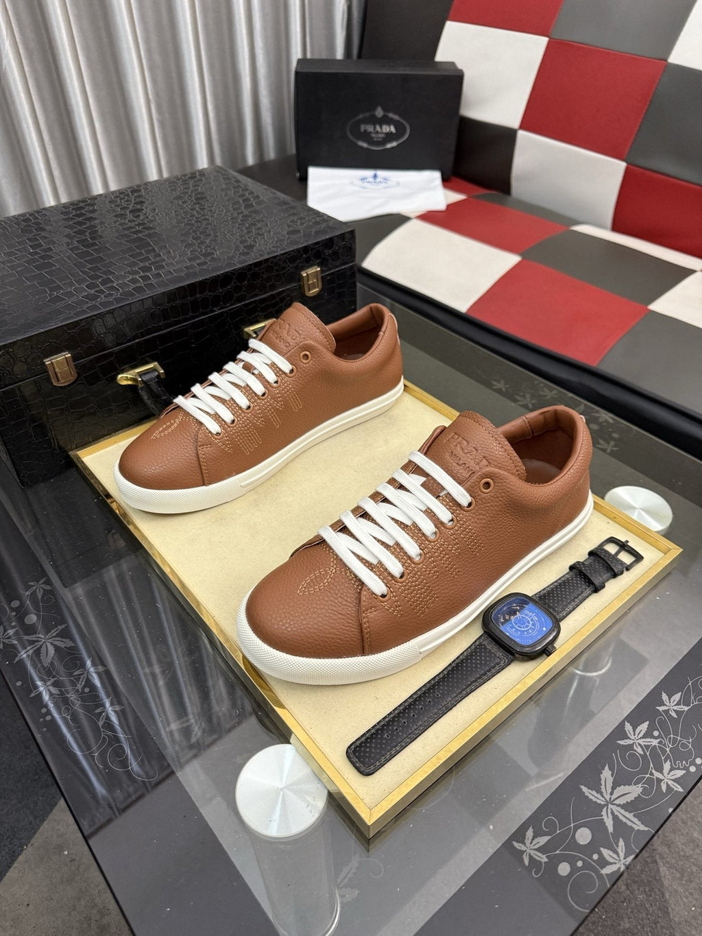Prada Men's Textured Leather Low-Top Sneakers — front
