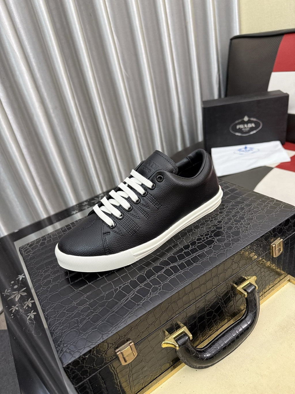 Prada Men's Textured Leather Low-Top Sneakers — front