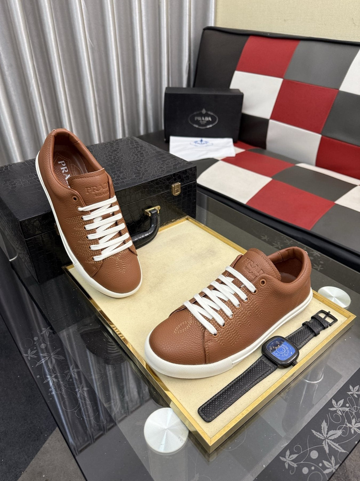 Prada Men's Textured Leather Low-Top Sneakers — model