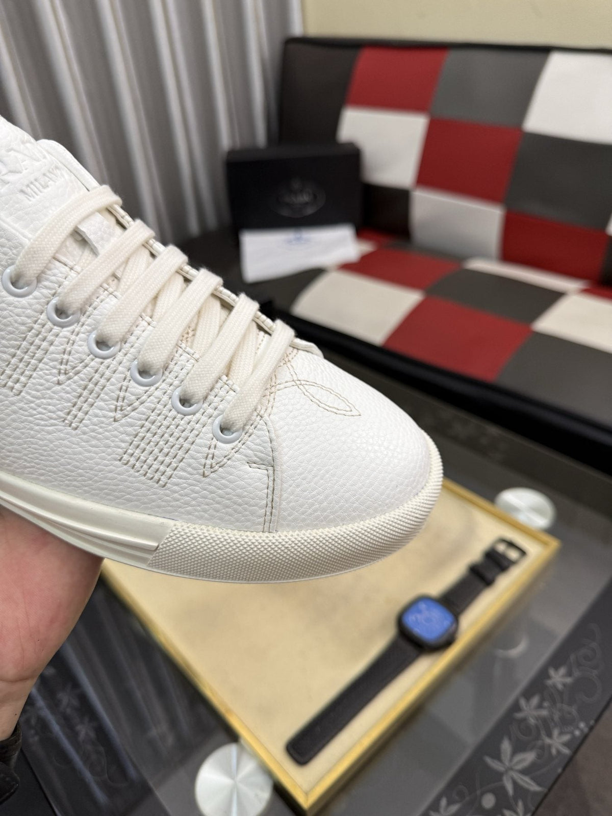 Prada Men's Textured Leather Low-Top Sneakers — detail