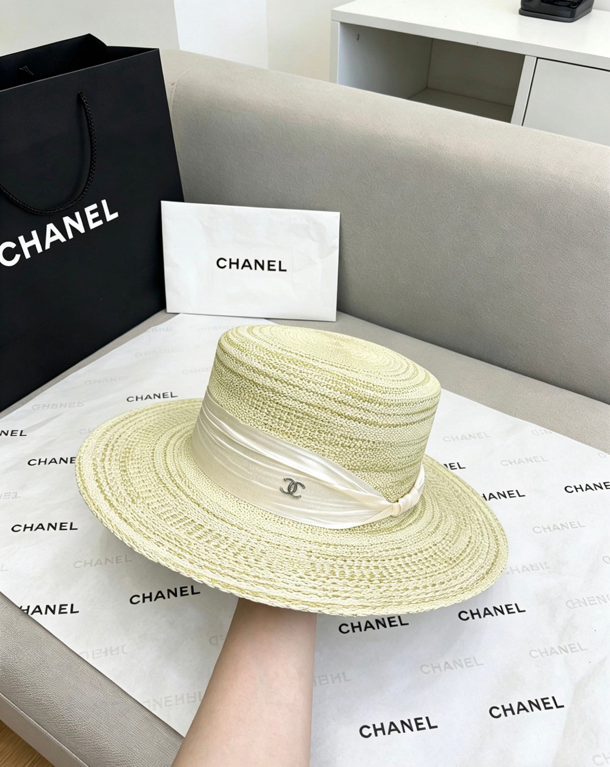 CHANEL Straw Flat-Top Hat