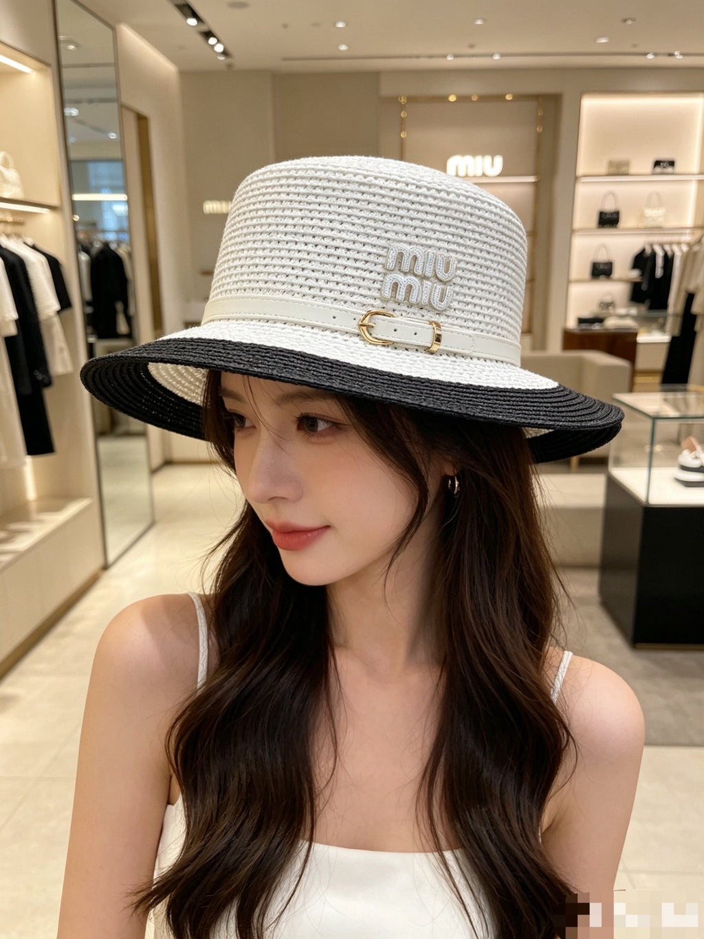 MIU MIU Raffia Straw Boater Hat